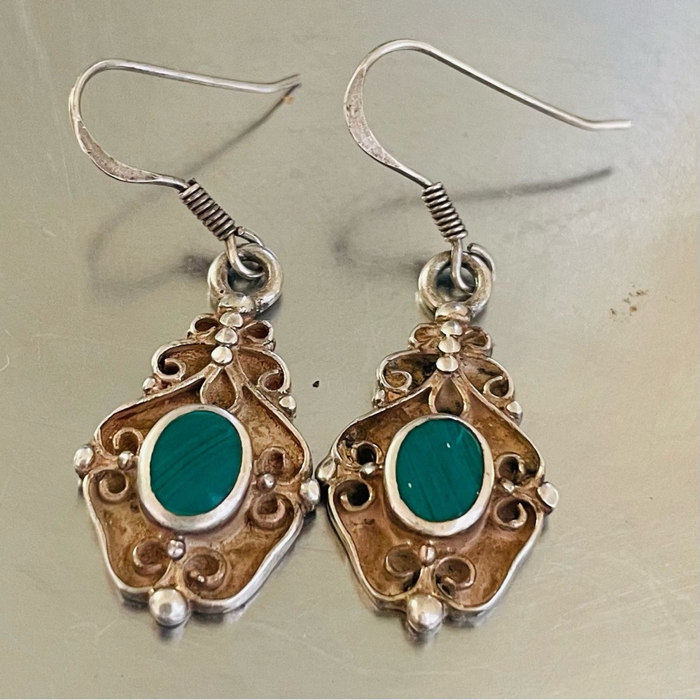 Vintage ornate vermeil aventurine earrings